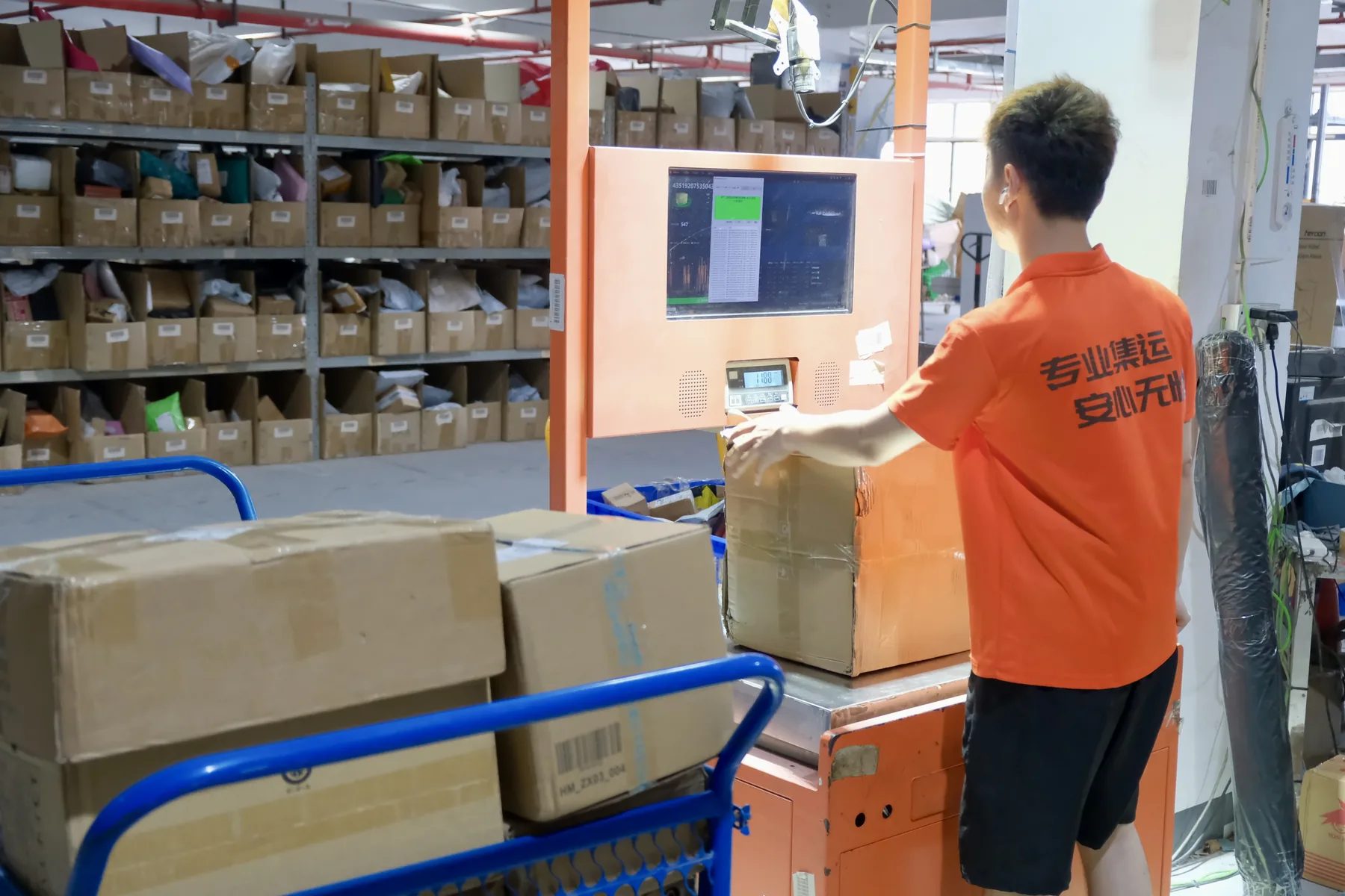 Warehouse staff scanning and weighing a parcel